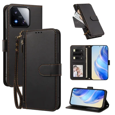 Hülle für Xiaomi 17 Max mit 4 Kartenschlitz, Ständer, Brieftasche aus PU-Leder mit Handschlaufe – Schwarz