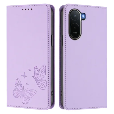  Custodia Portafoglio per Xiaomi Redmi A7 Pro 4G (171,56 mm) / Xiaomi Redmi A7 Pro 5G / Xiaomi Poco C85x 5G / Xiaomi Poco C81 4G, Custodia a Libro con Chiusura Magnetica, Pelle Sintetica con Stampe di Farfalle, Blocco RFID - Viola Chiaro