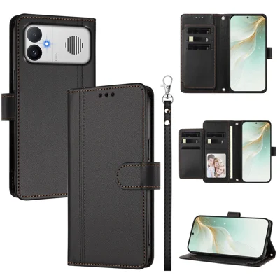 Étui pour Xiaomi Redmi K90 Pro Max 5G, étui à rabat en cuir PU avec portefeuille, 9 emplacements pour cartes, avec dragonne - Noir