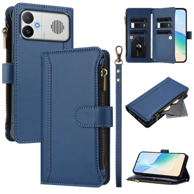  For Xiaomi Redmi K90 Max 5G Leather Case 9 Card Slots Zipper Wallet Stand Phone Cover with Wrist Strap - Dark Blue