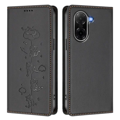  For Xiaomi Redmi A5 4G (171.7mm) / Xiaomi Redmi A5 4G (Global) (171.8mm) / Xiaomi Poco C71 4G / Xiaomi Redmi A7 4G Case RFID Blocking Wallet Stand Imprinted Cat Pattern Leather Phone Cover - Black