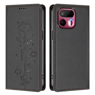 Étui pour Realme 16T 5G avec portefeuille RFID Bloquant, Support, Motif Imprimé de Chat, Housse en Cuir - Noir