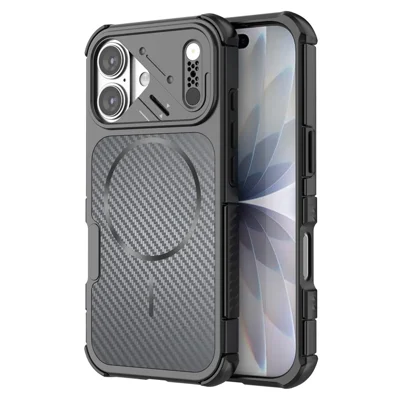 Cover magnetico per iPhone 17 con texture fibra di carbonio in PC + TPU, protezione angoli - Nero