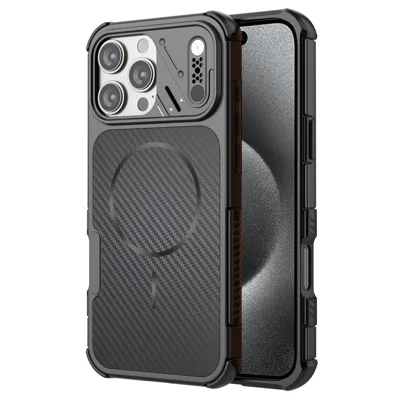 Funda magnética para iPhone 16 Pro con textura de fibra de carbono, carcasa de PC + TPU con protección de esquinas - Negro
