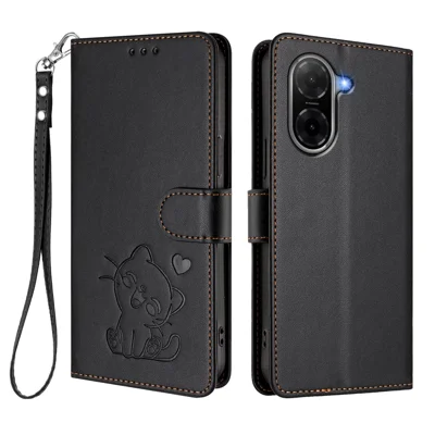  For Xiaomi Redmi A5 4G (171.7mm) / Xiaomi Redmi A5 4G (Global) (171.8mm) / Xiaomi Poco C71 4G / Xiaomi Redmi A7 4G Wallet Case with Wrist Strap Love Cat Pattern Imprint Leather Phone Cover - Black