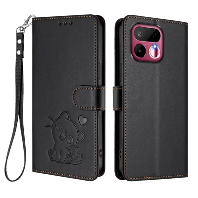 Étui portefeuille pour Realme 16T 5G avec dragonne, motif imprimé de chat amoureux, housse en cuir pour téléphone - Noir