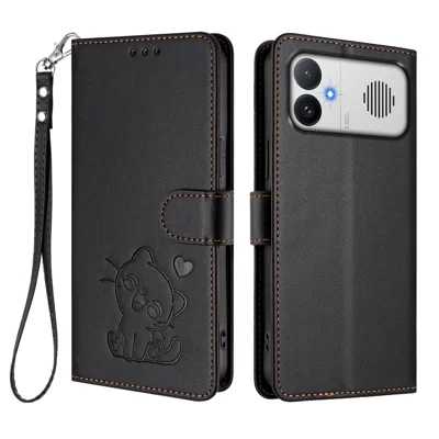  For Xiaomi Redmi K90 Max 5G Wallet Case with Wrist Strap Love Cat Pattern Imprint Leather Phone Cover - Black