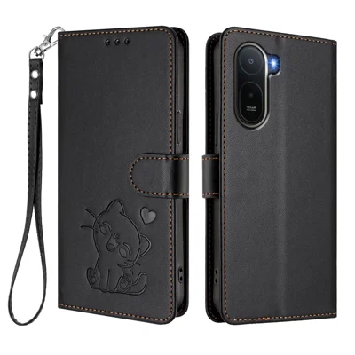 Cover portafoglio per Xiaomi Redmi A7 Pro 5G / Xiaomi Redmi A7 Pro 4G (171,56 mm) / Xiaomi Poco C85x 5G / Xiaomi Poco C81 4G con tracolla a polso, stampa motivo gatto innamorato, custodia in pelle - Nero