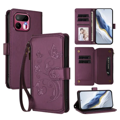Étui en cuir pour Realme 16T 5G avec motif papillon et floral, portefeuille à fermeture éclair, support intégré et sangle de poignet - Violet