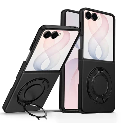 For Samsung Galaxy Z Flip8 Magnetic Case Ring Kickstand TPU PC Hybrid Phone Cover - Black