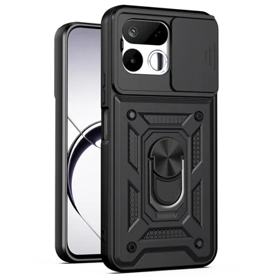 Coque pour Realme 16T 5G avec couvercle coulissant pour appareil photo, housse de téléphone avec support PC + TPU - Noir