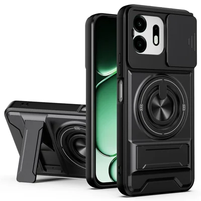For OnePlus N6 4G Magnetic Case Ring Holder Foldable Kickstand TPU PC Phone Cover with Camera Lens Slider - Black