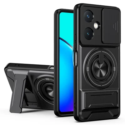 For vivo Y27 4G Magnetic Case Ring Holder Foldable Kickstand TPU PC Phone Cover with Camera Lens Slider - Black
