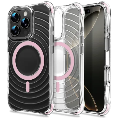 Funda magnética para iPhone 16 Pro con protección de airbag en esquinas, antichoque, textura ondulada TPU - Rosa