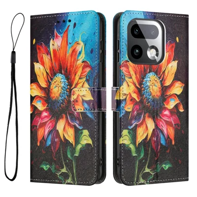 Etui portfelowe z nadrukiem dla Realme 16 Pro+ 5G, pokrowiec z syntetycznej skóry PU z rzemieniem - Słonecznik