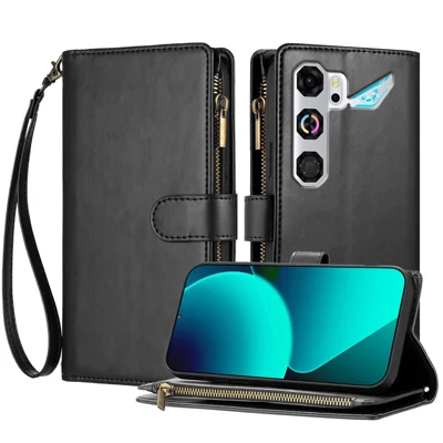 Capa em Pele para ZTE nubia Neo 5 GT 5G, Capa Carteira com Suporte, Resistente a Choques, com Alça de Pulso e Fecho de Correr - Preto