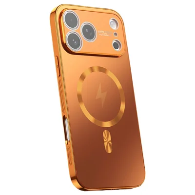 For iPhone 17 Pro Max Magnetic Case Full Lens Coverage Electroplated TPU Shockproof Phone Cover - Orange