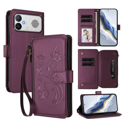  For Xiaomi Redmi K90 Max 5G Leather Case Butterfly Floral Imprint Zipper Wallet Stand Cover with Wrist Strap - Purple