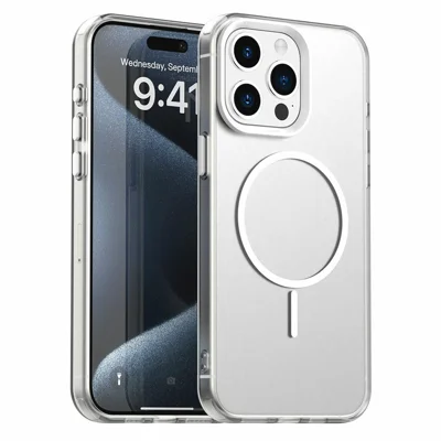 For iPhone 15 Pro Max Magnetic Case PC + TPU + PET Air Cushion Shockproof Phone Cover - White