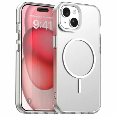 For iPhone 15 Magnetic Case PC + TPU + PET Air Cushion Shockproof Phone Cover - White