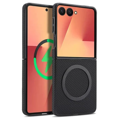 For Samsung Galaxy Z Flip7 5G Case Side-pasted Carbon Fiber Texture PU TPU Phone Cover With Metal Magnetic Ring - Black