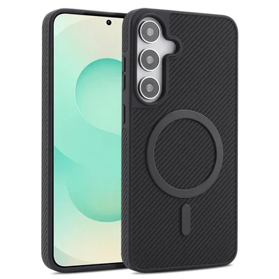 For Samsung Galaxy S25 Case Side-pasted Carbon Fiber Texture PU TPU Phone Cover With Metal Magnetic Ring - Black