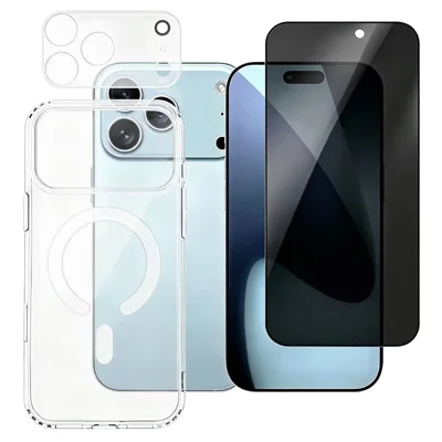 For iPhone 18 Pro Magnetisk Case TPU + PC Telefonbeskyttelse med 180° Anti-Spion Skærmfilm + Transparent Linsfilm - Sort