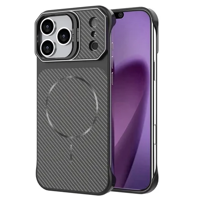 Für iPhone 18 Pro / 17 Pro Magnetische Hülle mit Objektivrahmen, Ständer und Kohlefaser-Optik, Hart-PC, Halb-umhüllte Handyhülle - Schwarz