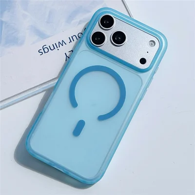 Чехол для iPhone 18 Pro Max / 17 Pro Max с магнитной функцией, матовый задний кожух из поликарбоната с текстурой под кожу — прозрачный синий