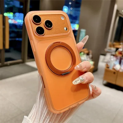For iPhone 18 Pro Max / 17 Pro Max Case Magnetic Rotating Kickstand Hard PC Frosted Phone Cover - Transparent Orange