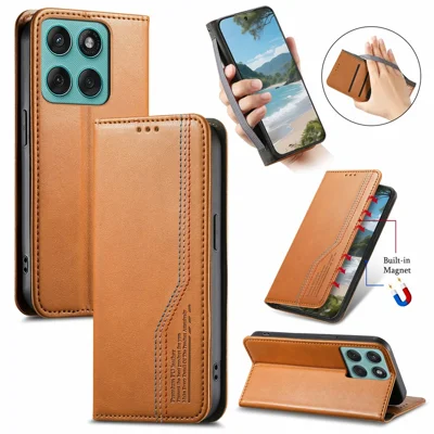 غطاء محفظة للهاتف من جلد ثلاثي الخياطة لهاتف Motorola Moto G47 5G / G37 5G / G37 Power 5G مع حزام معصم مرن - بني