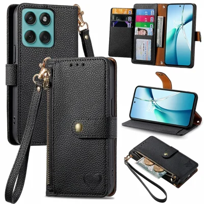 غطاء جلد بولي يوريثان مقاوم لتقنية RFID مع جيب بسحّاب لهاتف Motorola Moto G47 5G / G37 5G / G37 Power 5G، غطاء محفظة برباط - أسود