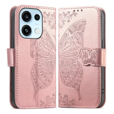 Til Oppo Reno16 5G (Global) / Reno16 Pro 5G (Global) Taske med Snor, Sommerfuglmønster, PU Læder Wallet Cover - Rosenød