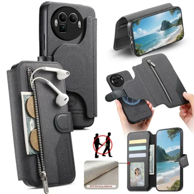 For Realme GT 8 Pro 5G Magnetic Case RFID Blocking Detachable Wallet Stand Cloth Texture Leather Phone Cover - Black