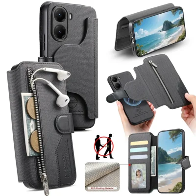 Voor Xiaomi Poco X7 Pro 5G Magnetische Hoes RFID Blokkering Uitneembare Portemonnee Stand Stoffen Structuur Lederen Telefoonhoes - Zwart