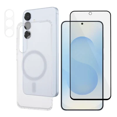 For Samsung Galaxy S25 Magnetic Case TPU + PC Phone Cover with Ultra Thin Fingerprint Unlock Screen Protector + Clear Lens Film - Transparent