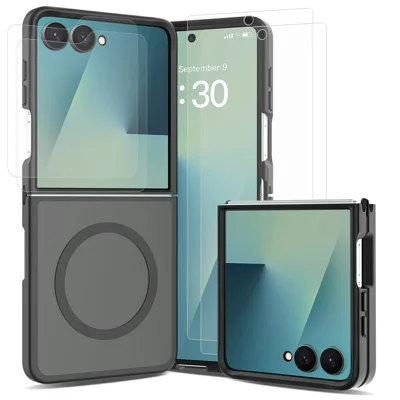 Cover magnetica in TPU+PC per Samsung Galaxy Z Flip7 5G con 2 pellicole in vetro temperato per schermo esterno + 2 pellicole in idrogel per schermo interno - Nero