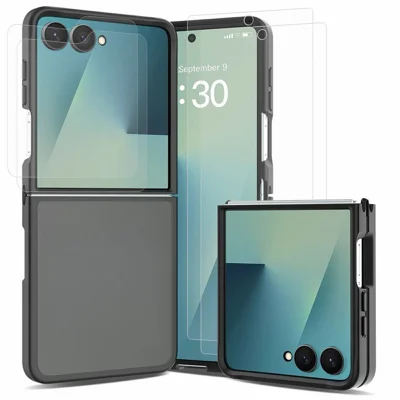 Cover per Samsung Galaxy Z Flip7 5G TPU + PC con effetto pelle con 2 pellicole in vetro temperato per schermo esterno + 2 pellicole in idrogel per schermo interno - Nero