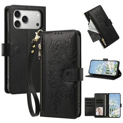 Voor iPhone 17 Pro Max Hoesje PU Leer Vlinder Bloemen Rits Portemonnee Telefoonhoesje met Polsbandje / Schouderbandje - Zwart
