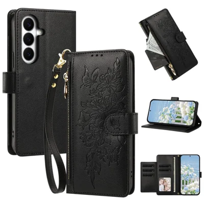 For Samsung Galaxy S26 Case PU Leather Butterfly Floral Zippered Wallet Phone Cover with Wrist Strap / Shoulder Strap - Black