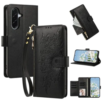 For Samsung Galaxy A27 5G Case PU Leather Butterfly Floral Zippered Wallet Phone Cover with Wrist Strap / Shoulder Strap - Black