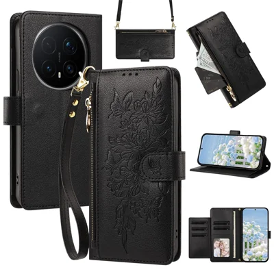 For Honor Magic8 Pro 5G Case PU Leather Butterfly Floral Zippered Wallet Phone Cover with Wrist Strap / Shoulder Strap - Black