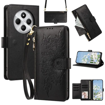For Xiaomi Redmi 17C 4G Case PU Leather Butterfly Floral Zippered Wallet Phone Cover with Wrist Strap / Shoulder Strap - Black