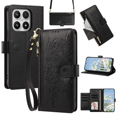 For Xiaomi 17 Case PU Leather Butterfly Floral Zippered Wallet Phone Cover with Wrist Strap  /  Shoulder Strap - Black