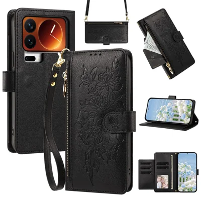 For Xiaomi 17 Pro Max Case PU Leather Butterfly Floral Zippered Wallet Phone Cover with Wrist Strap  /  Shoulder Strap - Black