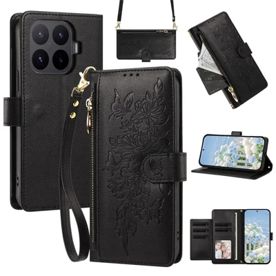 For Xiaomi 17T Case PU Leather Butterfly Floral Zippered Wallet Phone Cover with Wrist Strap  /  Shoulder Strap - Black