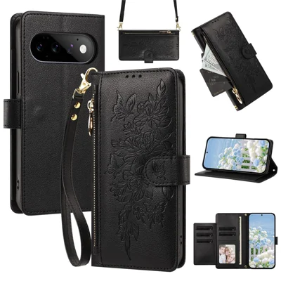 For Google Pixel 11 Pro  /  Pixel 11 Case PU Leather Butterfly Floral Zippered Wallet Phone Cover with Wrist Strap  /  Shoulder Strap - Black
