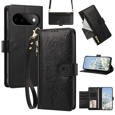 For Google Pixel 11 Pro XL Case PU Leather Butterfly Floral Zippered Wallet Phone Cover with Wrist Strap  /  Shoulder Strap - Black