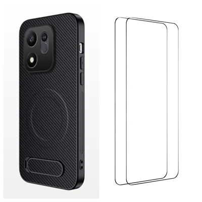 WANLONFENG för Honor 600 Smart 5G QT1-serie magnetisk hölse med 2 st härdat glasfilm, vinklingsstativ, kolfiberstruktur PC TPU telefonhölse - Svart