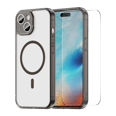  HAT PRINCE dla iPhone'a 15 ENKAY Magnetyczna Obudowa Przezroczysta Obudowa z TPU z Wysokim Szklanym Ochronnikiem Ekranu z Krzemianem Aluminiowym - Czarny
